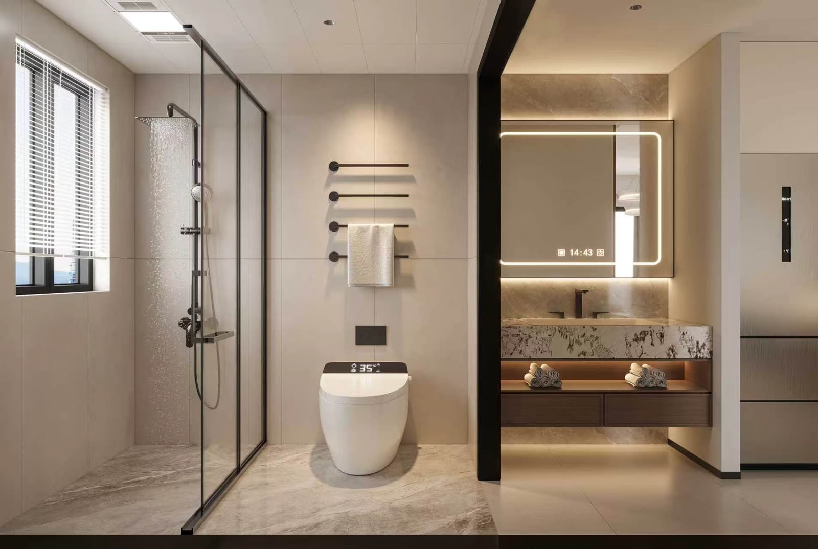 Luxury bathroom with walk-in shower and vanity at Bahari Central Kilimani