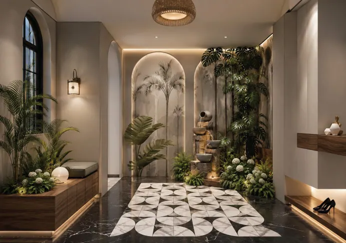 Luxury lobby with decorative plants and water feature at Himalaya Halo Westlands