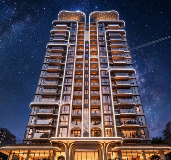 Front exterior view of Himalaya Halo Westlands apartment tower at night