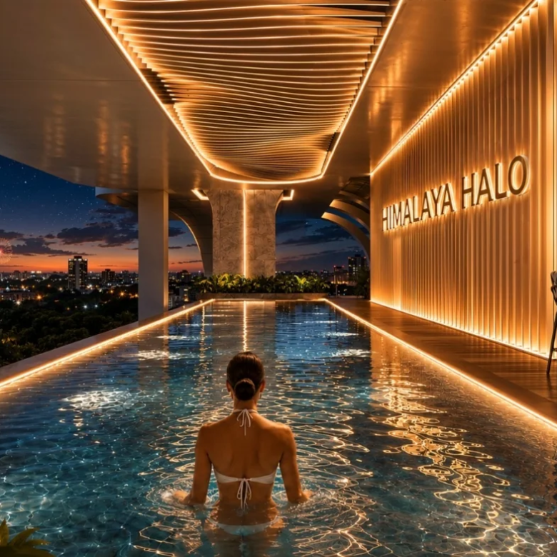 Rooftop infinity pool at Himalaya Halo Westlands at night