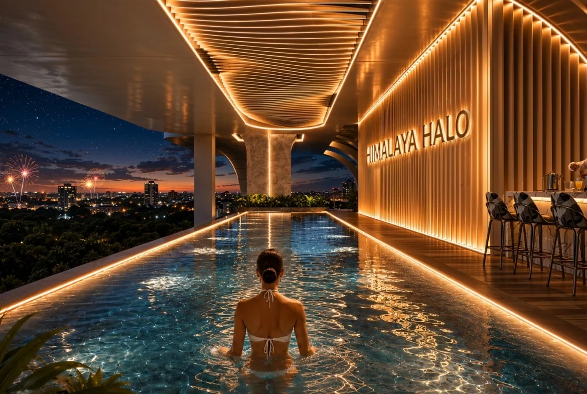 Rooftop infinity pool at Himalaya Halo Westlands at night