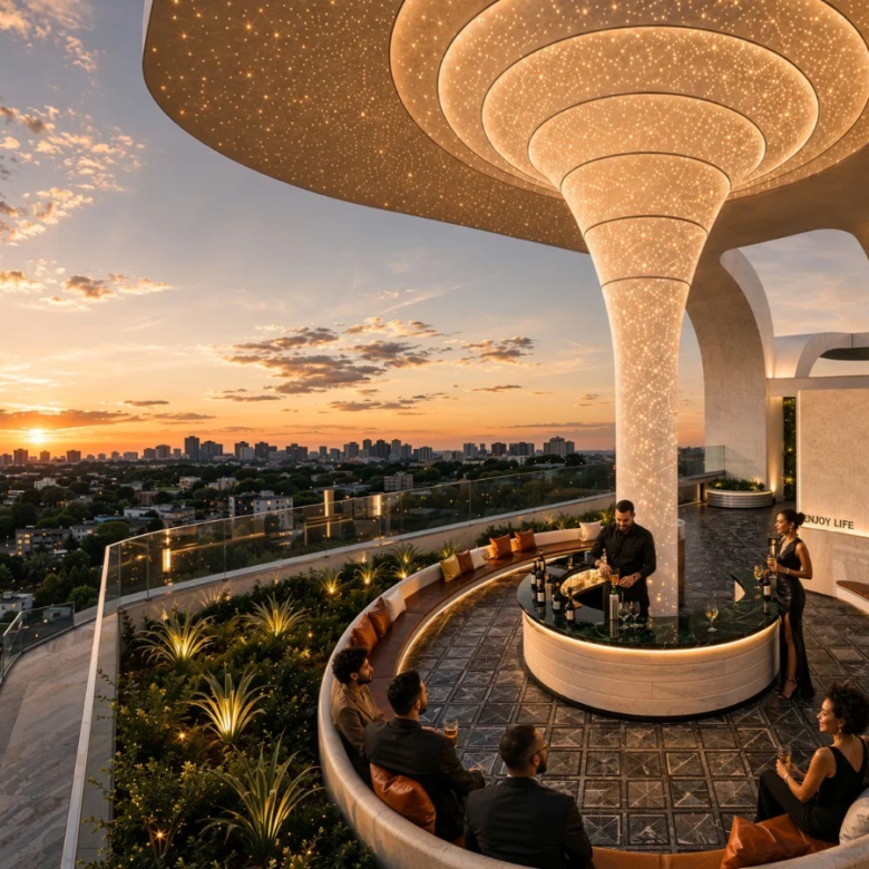 Rooftop lounge with sunset views at Himalaya Halo Westlands