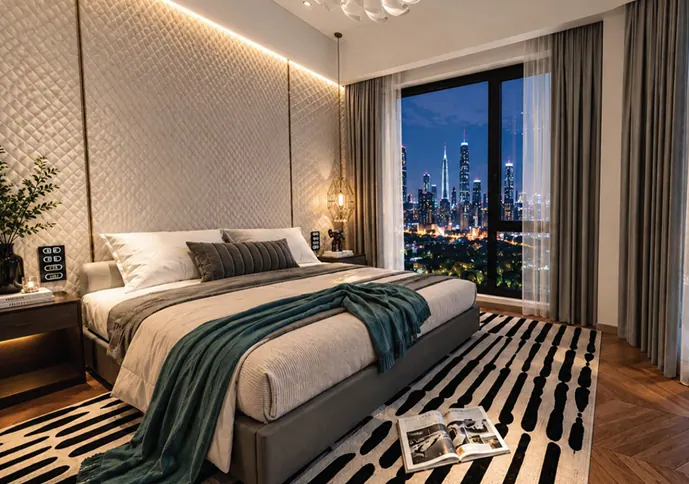 Luxury bedroom with Nairobi skyline view at Himalaya Halo Westlands