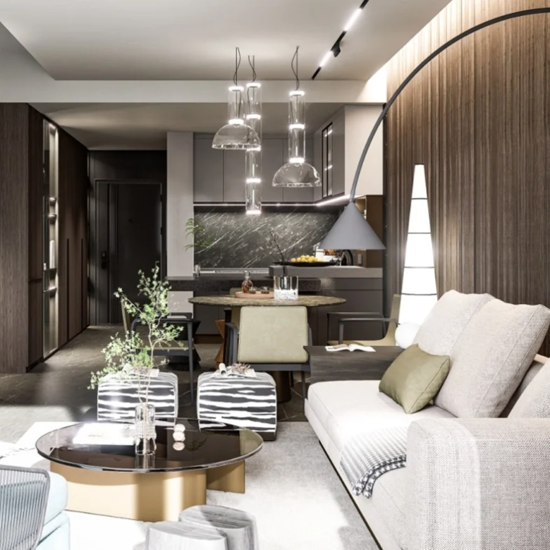 Modern apartment living room and kitchen at Himalaya Halo Westlands