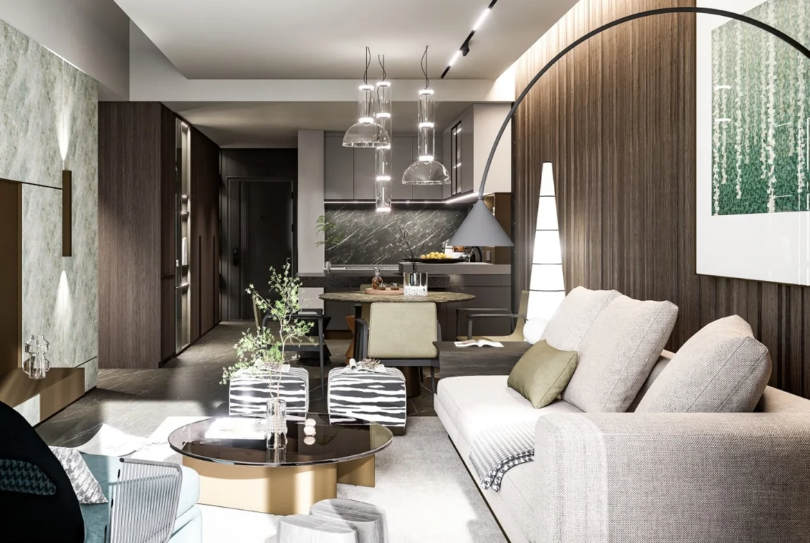 Modern apartment living room and kitchen at Himalaya Halo Westlands