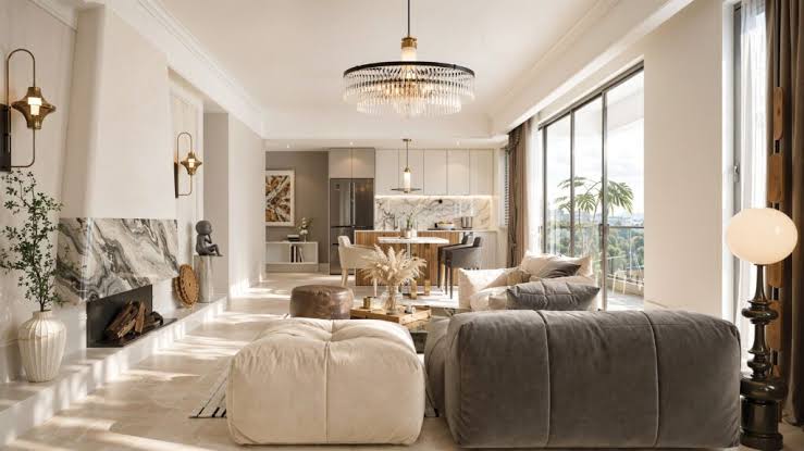 Spacious modern living room with open kitchen at Himalaya Halo Westlands