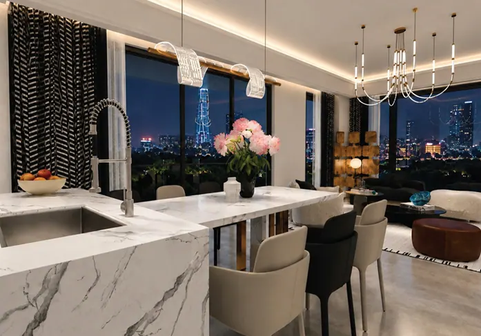Luxury apartment kitchen and dining area at Himalaya Halo Westlands