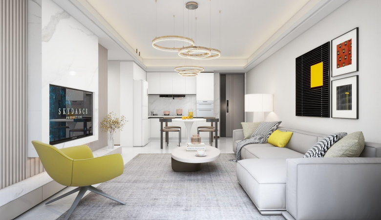 Open-plan living room with modern furniture and fitted kitchen at Modern City Apartments Kilimani