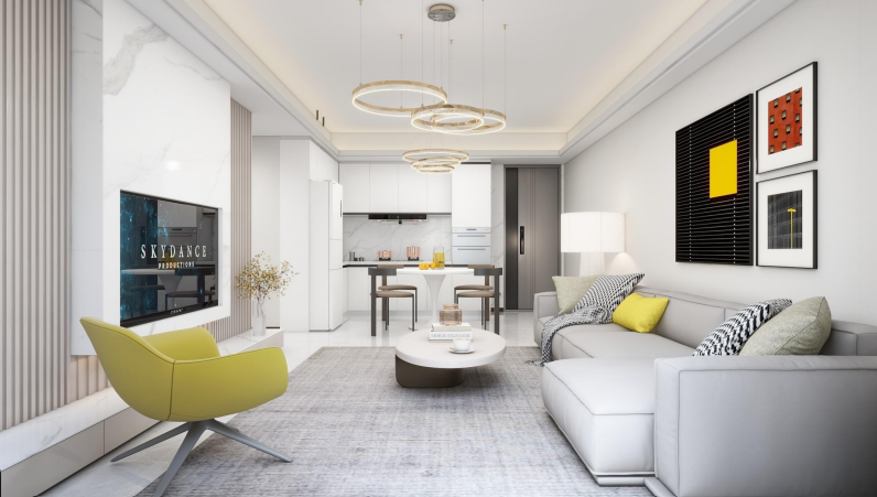 Open-plan living room with modern furniture and fitted kitchen at Modern City Apartments Kilimani
