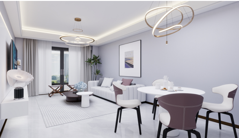 Modern living and dining area with large windows at Modern City Apartments Kilimani