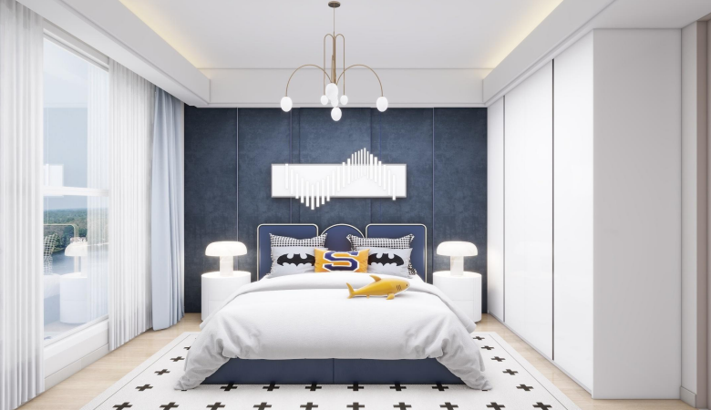 Modern bedroom with fitted wardrobes and large windows at Modern City Apartments Kilimani