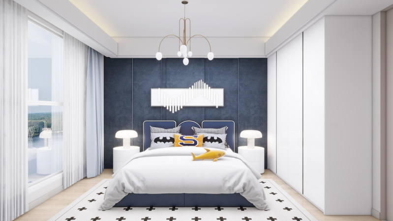 Modern bedroom with fitted wardrobes and large windows at Modern City Apartments Kilimani