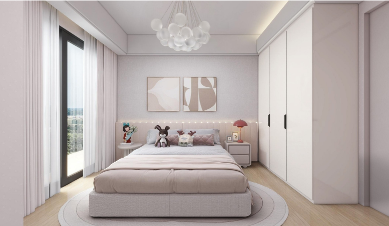 Bright modern bedroom with fitted wardrobes at Modern City Apartments Kilimani