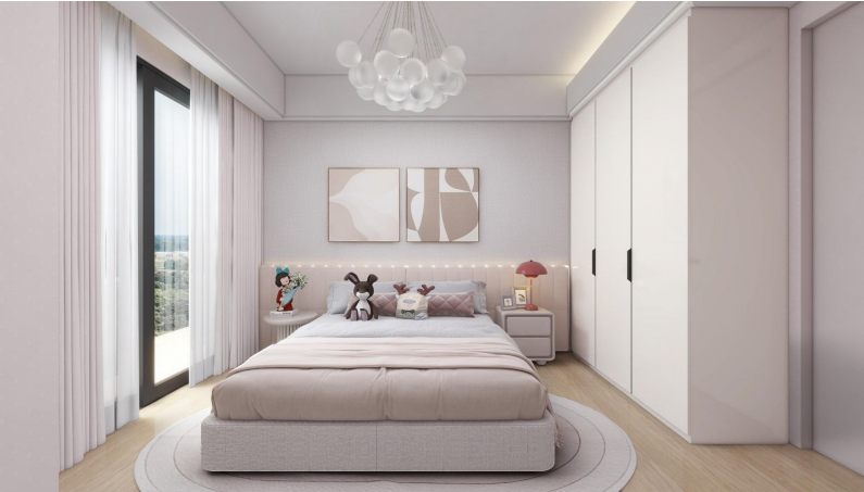 Bright modern bedroom with fitted wardrobes at Modern City Apartments Kilimani