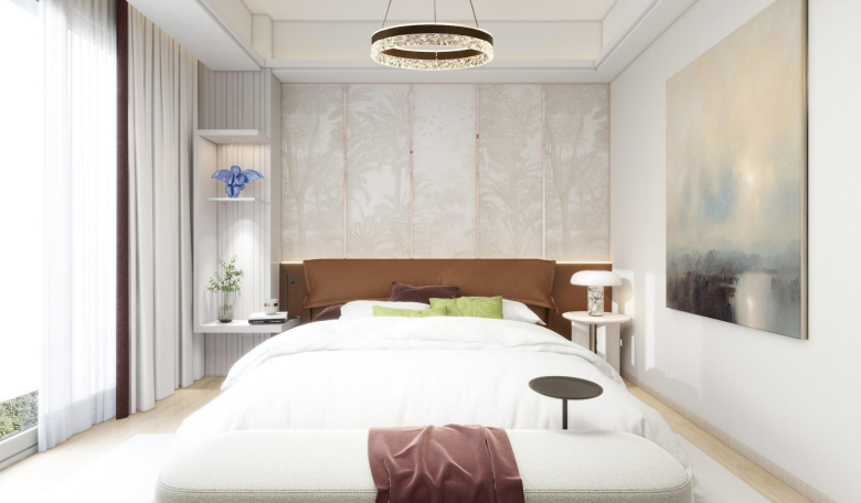 Modern master bedroom with fitted wardrobes and large windows at Modern City Apartments Kilimani