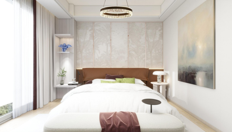 Modern master bedroom with fitted wardrobes and large windows at Modern City Apartments Kilimani