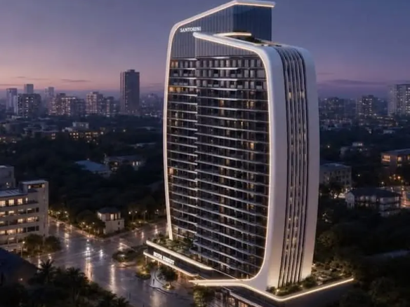 Santorini Residence Westlands residential tower illuminated at night with Nairobi skyline