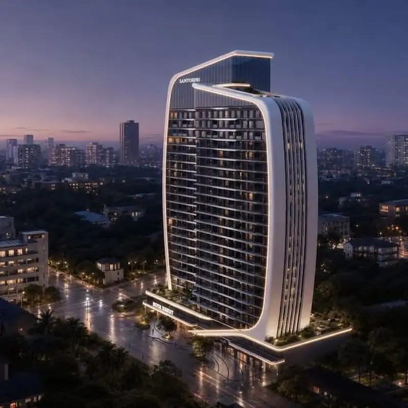 Santorini Residence Westlands residential tower illuminated at night with Nairobi skyline