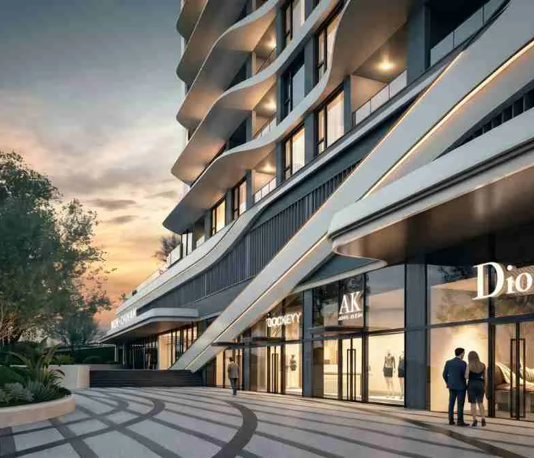 Santorini Residence Westlands retail frontage with modern shops and pedestrian walkway