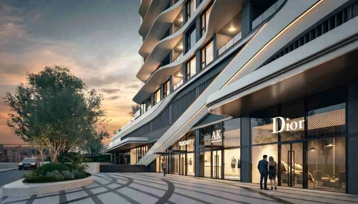 Santorini Residence Westlands retail frontage with modern shops and pedestrian walkway