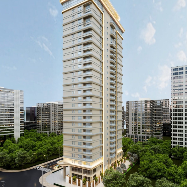 Modern high-rise apartment building with curved balconies and landscaped surroundings
