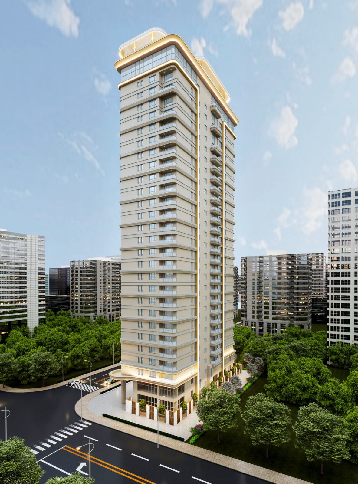 Modern high-rise apartment building with curved balconies and landscaped surroundings