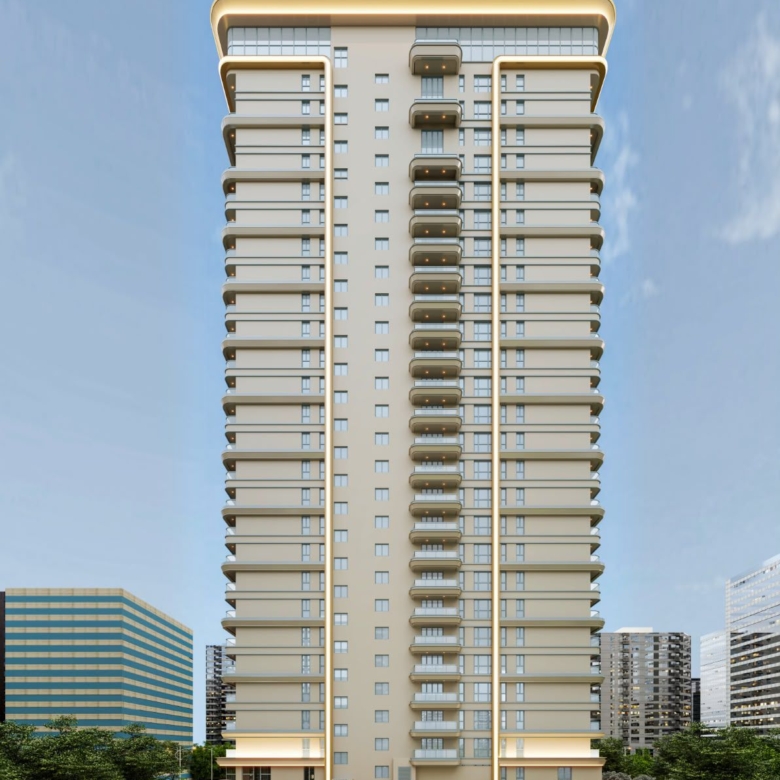 Modern high-rise apartment building with balconies, glass windows, landscaped grounds, and café