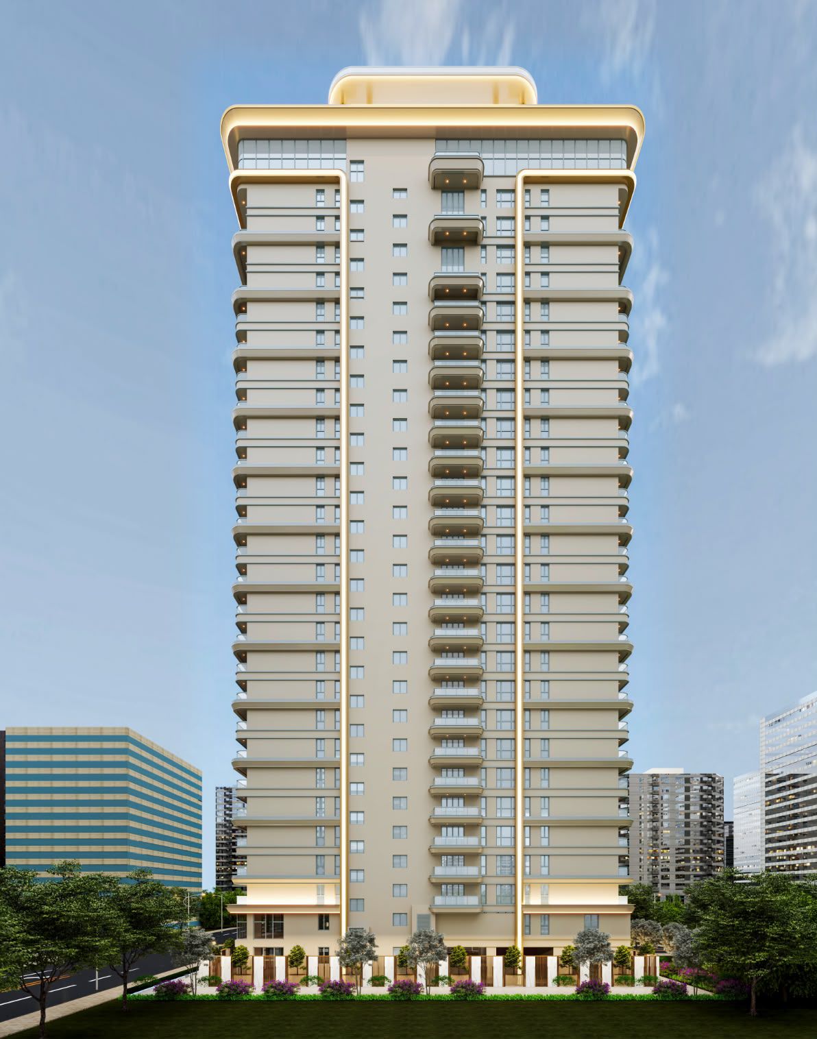 Modern high-rise apartment building with balconies, glass windows, landscaped grounds, and café
