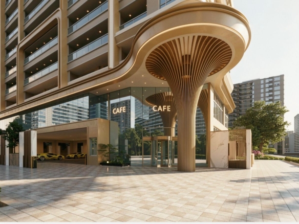 Modern apartment entrance with glass-fronted café and curved architectural canopy