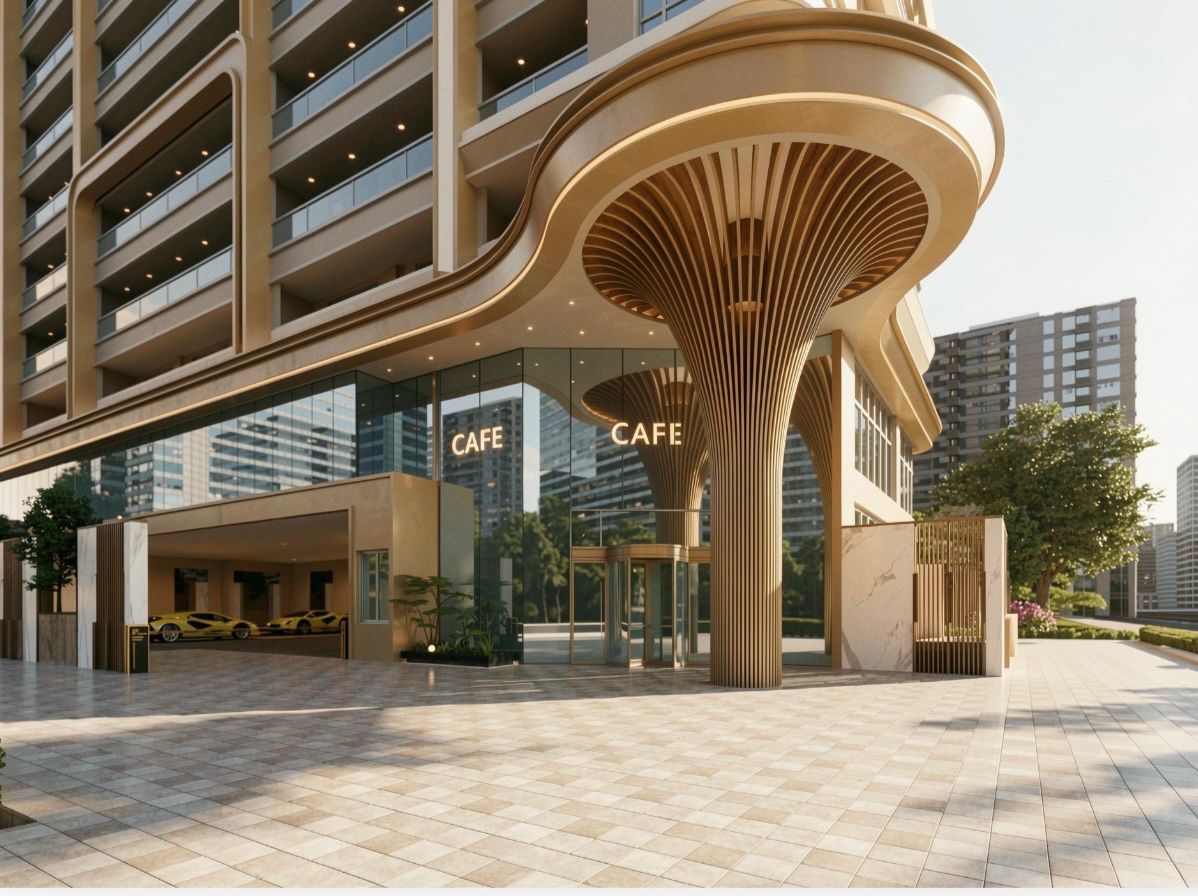 The Vesper Westlands Café and Entrance Modern apartment entrance with glass-fronted café and curved architectural canopy