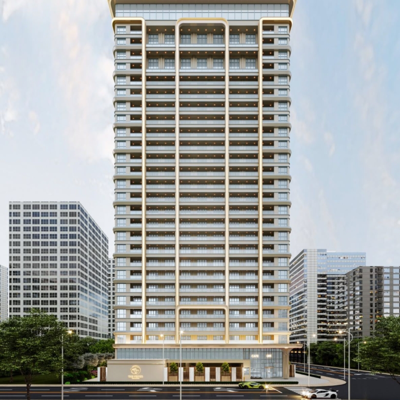 Modern high-rise apartment building with curved balconies and landscaped surroundings