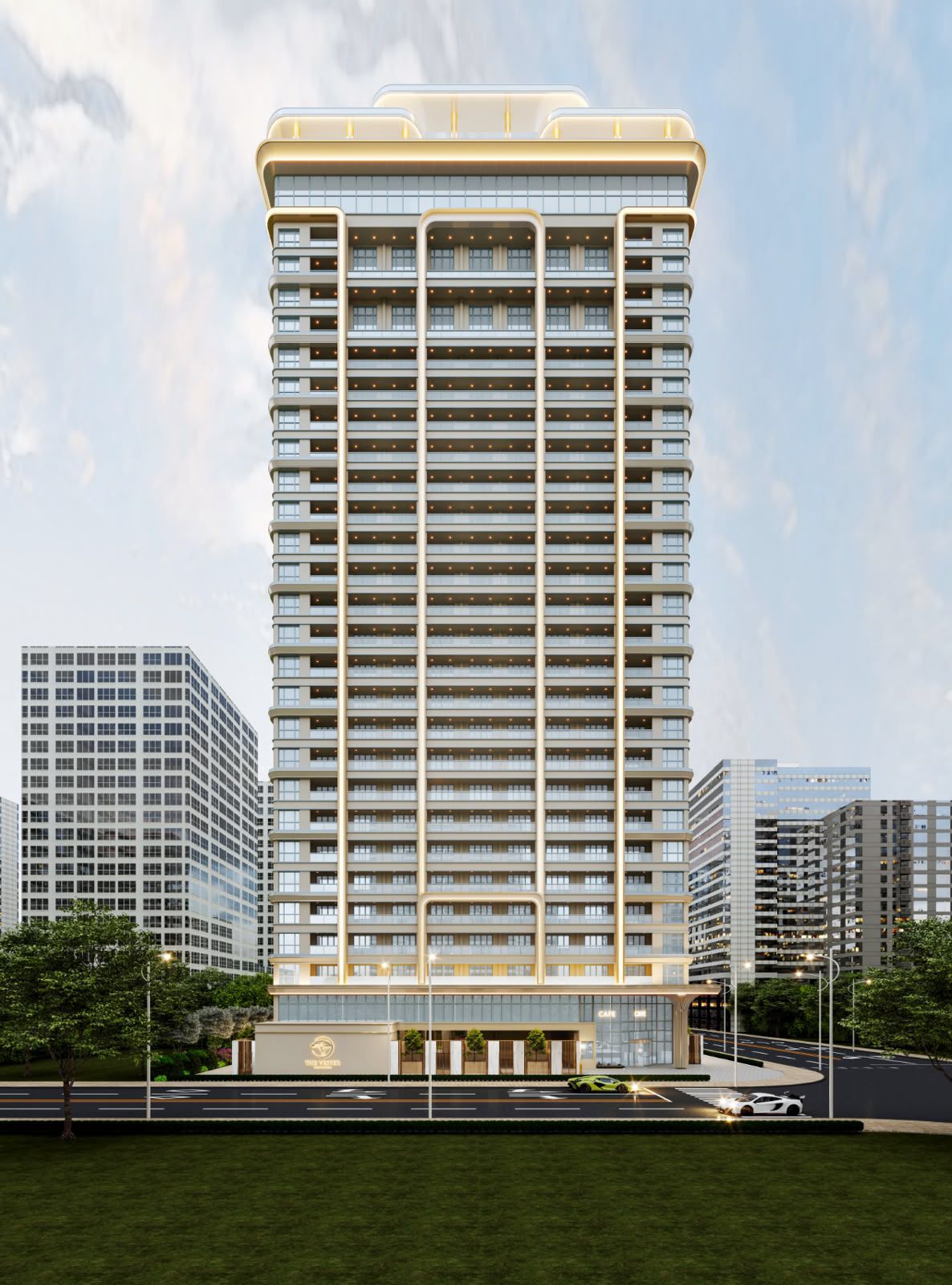 Modern high-rise apartment building with curved balconies and landscaped surroundings