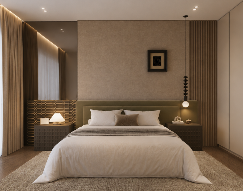 Avero Residence Westlands bedroom with built-in wardrobes and floor-to-ceiling windows