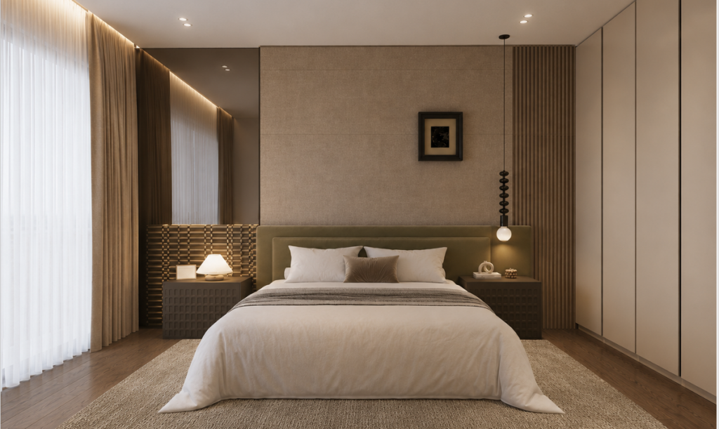 Avero Residence Westlands bedroom with built-in wardrobes and floor-to-ceiling windows