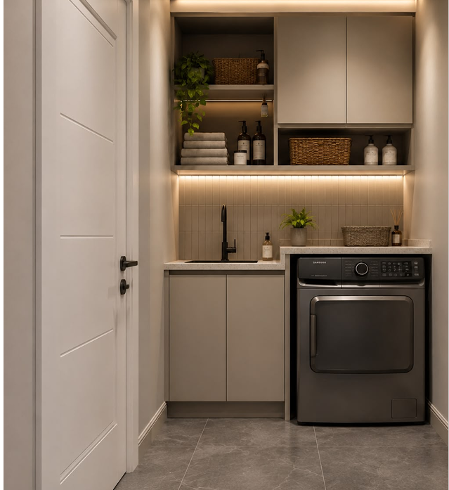 Avero Residence Westlands fitted laundry area with washing machine and storage cabinets