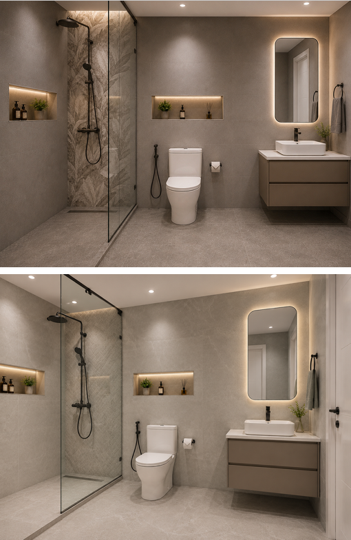 Avero Residence Westlands modern bathroom with walk-in glass shower and vanity