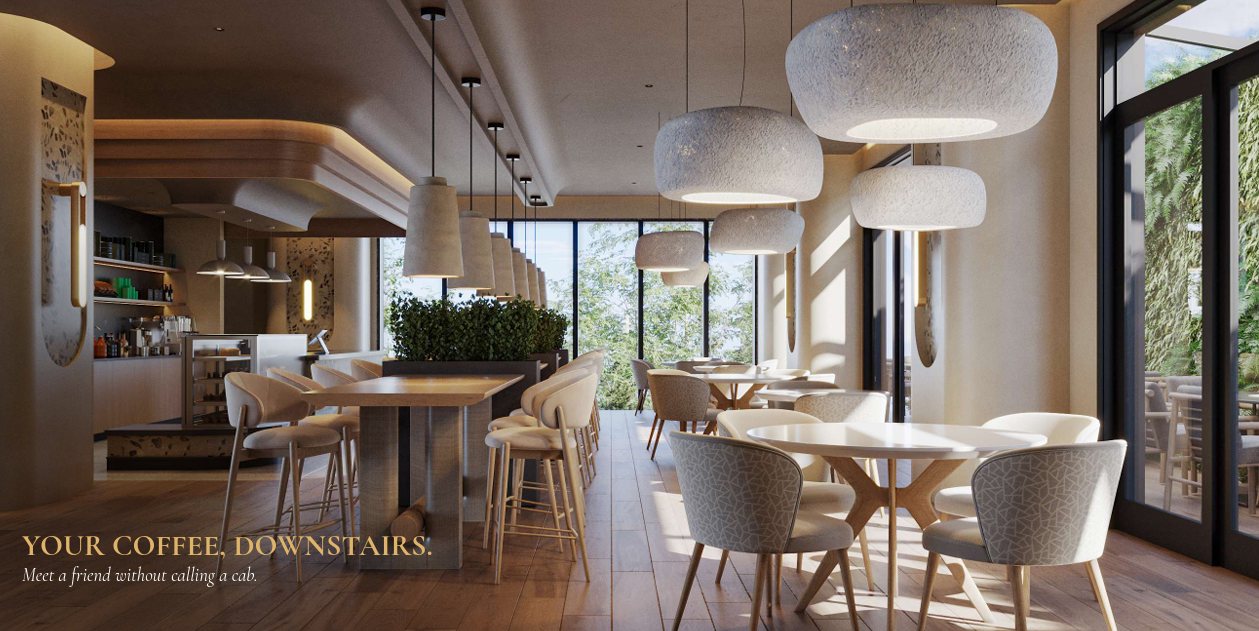 AERA Westlands coffee lounge featuring modern dining tables, upholstered chairs, pendant lighting and large glass windows overlooking greenery.