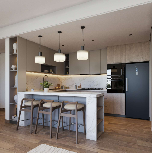 AERA Westlands open-plan kitchen featuring a marble breakfast island, fitted cabinetry, pendant lights, built-in appliances and bar stools.