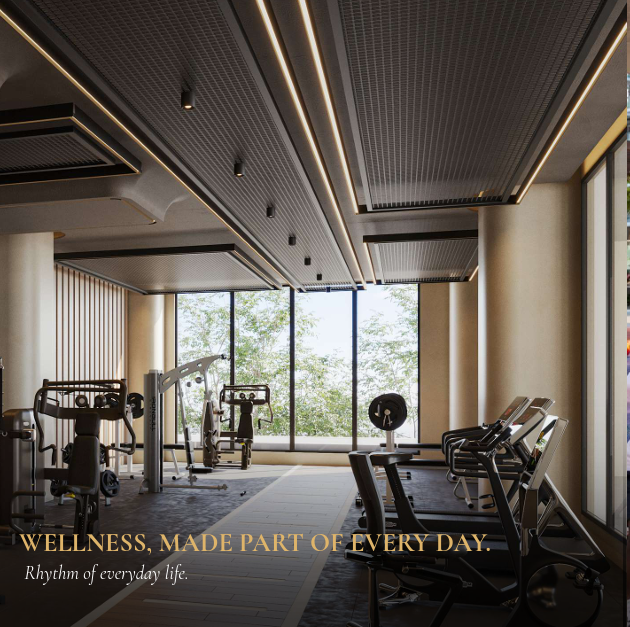 AERA Westlands modern fitness gym featuring premium workout equipment, treadmills, strength training machines, floor-to-ceiling windows, and elegant contemporary interior finishes.