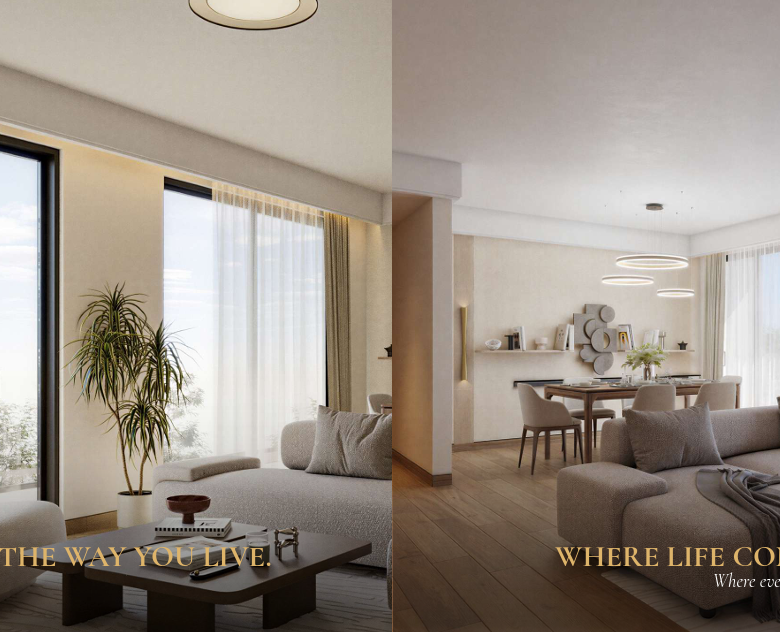 AERA Westlands luxury apartment living and dining area featuring a spacious contemporary lounge, neutral-toned furniture, elegant lighting, large windows, and floor-to-ceiling curtains.