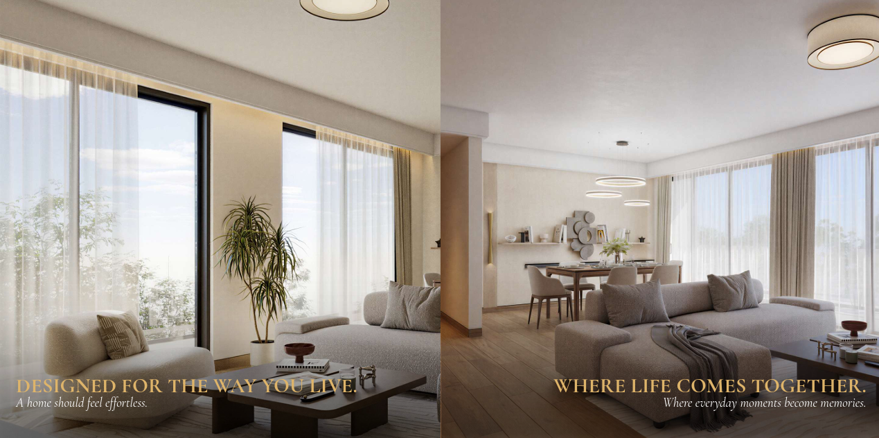 AERA Westlands luxury apartment living and dining area featuring a spacious contemporary lounge, neutral-toned furniture, elegant lighting, large windows, and floor-to-ceiling curtains.