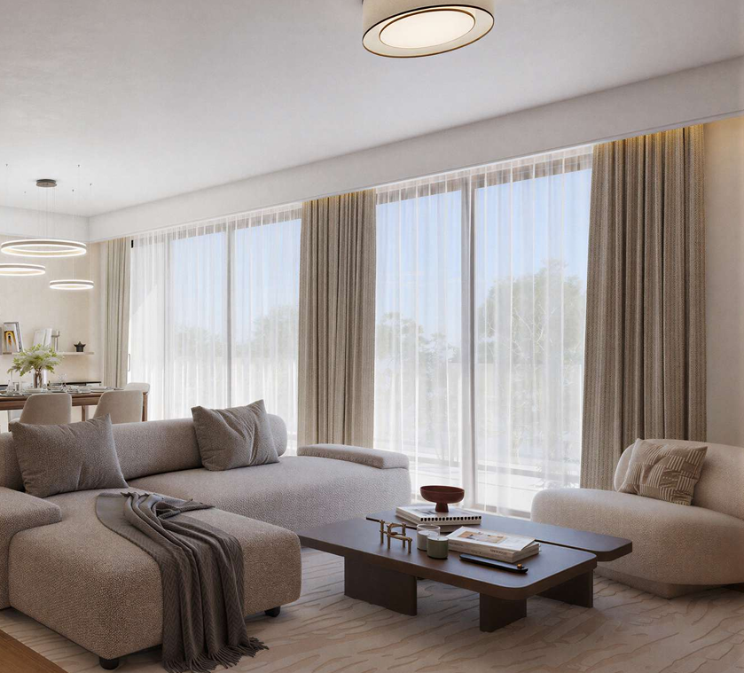 AERA Westlands luxury living room featuring a spacious beige sectional sofa, modern coffee table, floor-to-ceiling windows, elegant curtains, and minimalist contemporary interior design.