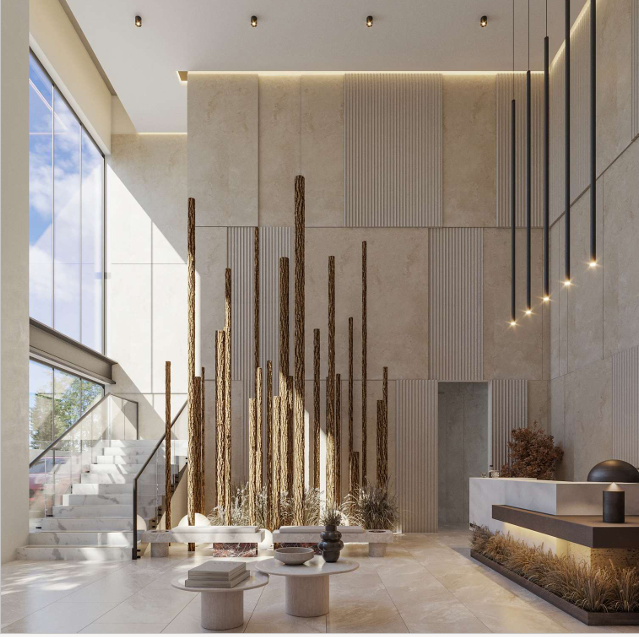 AERA Westlands grand residential reception featuring a double-height entrance lobby, elegant marble finishes, contemporary architectural details, decorative lighting, and a sophisticated reception area.