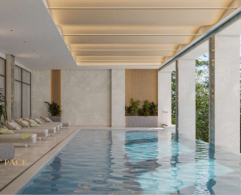 AERA Westlands luxury swimming pool featuring a modern indoor pool, elegant lounge seating, expansive windows, contemporary architectural finishes, and a tranquil relaxation environment.