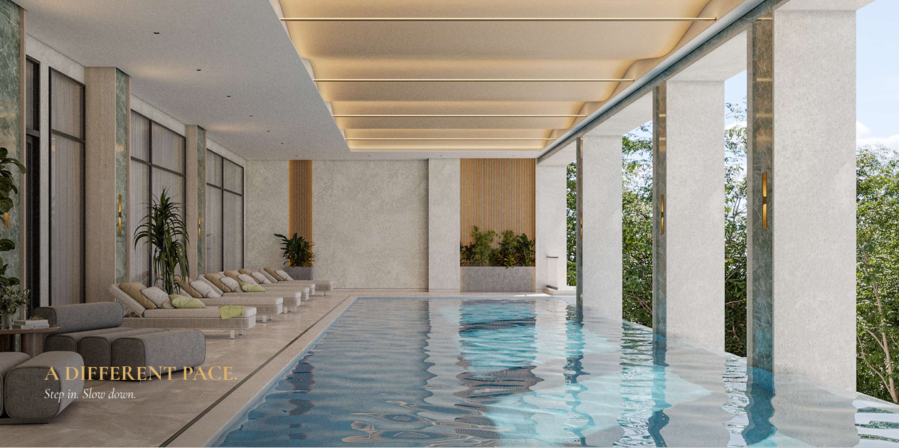 AERA Westlands luxury swimming pool featuring a modern indoor pool, elegant lounge seating, expansive windows, contemporary architectural finishes, and a tranquil relaxation environment.