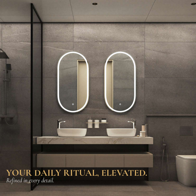 AERA Westlands luxury apartment bathroom featuring a contemporary double vanity, elegant illuminated oval mirrors, modern washbasins, premium stone finishes, and sophisticated bathroom fittings.