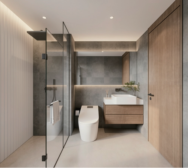 Avana Oasis Apartments modern bathroom featuring a glass shower cubicle, floating vanity, smart toilet and elegant wall tiles.