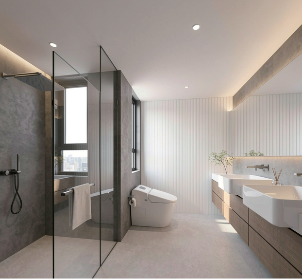 Avana Oasis Apartments spacious modern bathroom with glass shower enclosure, double vanity sinks and elegant finishes.