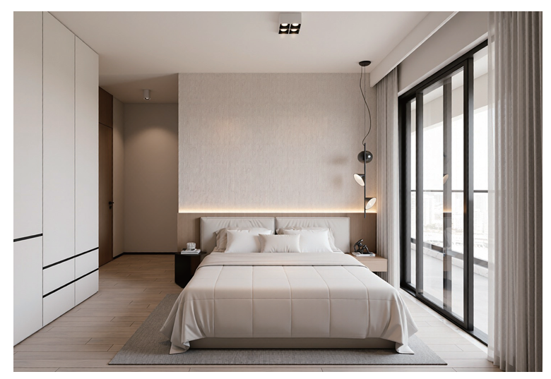 Avana Oasis Apartments elegant bedroom with private balcony, built-in wardrobes, large sliding glass doors and modern lighting.