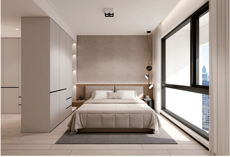 Avana Oasis Apartments modern bedroom with fitted wardrobes, large windows, elegant lighting and contemporary interior finishes.